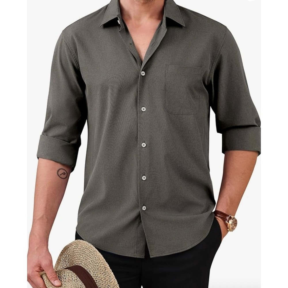 NWT - Mens Casual Button Down Shirt Charcoal Grey 3/4‎ Sleeve Wrinkle Free